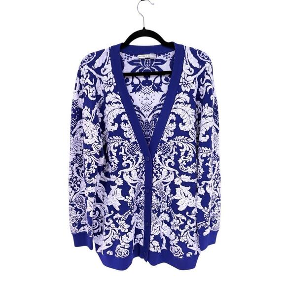 Alice + Olivia Bradford Paisley Grandpa Cardigan Blue White Size Large Sweater - Picture 2 of 14